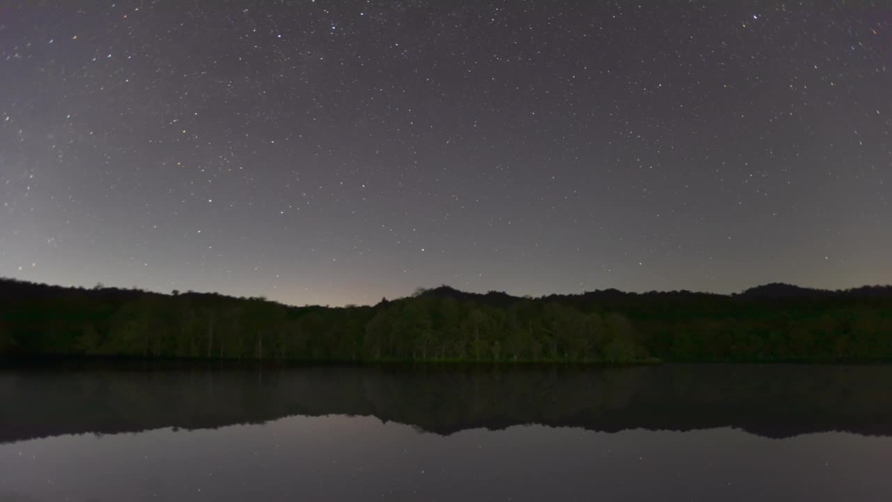 在森林里的水库，星空的时间流逝。视频素材