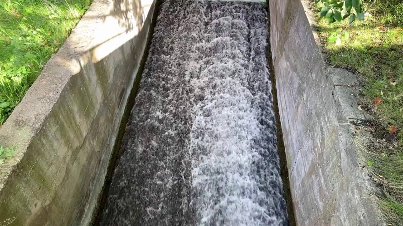 雨水和湖水从混凝土排水渠中汹涌而出。视频素材