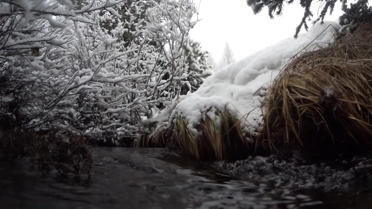 下雪时的小溪，冰，冷，视频素材