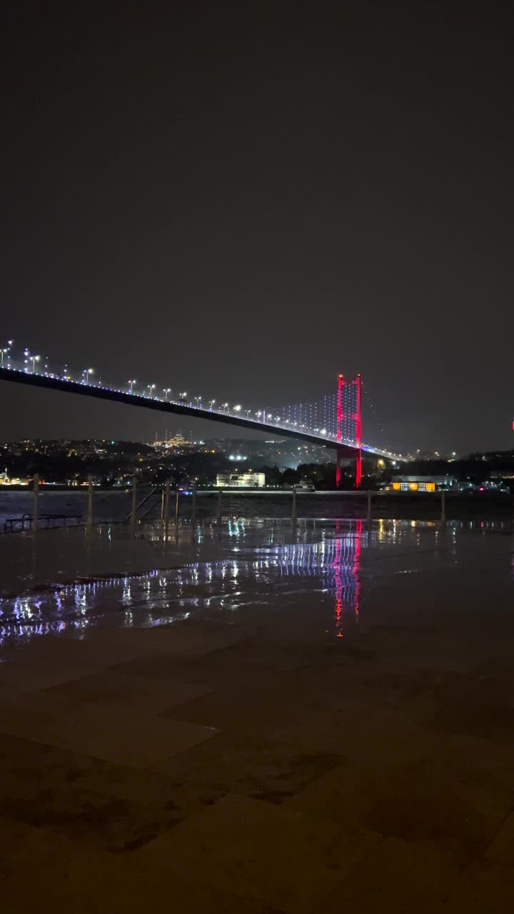 伊斯坦布尔博斯普鲁斯大桥，夜晚的博斯普鲁斯大桥，博斯普鲁斯夜景视频素材