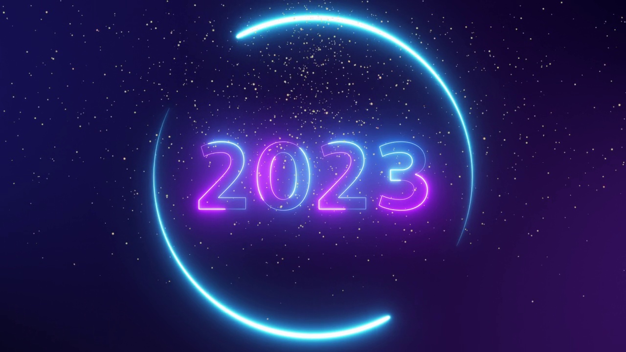 2023号霓虹灯闪闪发光。2022年新年快乐的黑色背景与装饰霓虹数字在紫色和蓝色美丽的黄金闪光浮动背景。寒假模板。视频素材