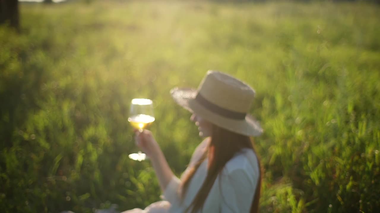 头戴草帽、面带微笑的红发年轻女子坐在乡间的草地上品酒，欣赏美丽的自然景观，望向远方。视频素材