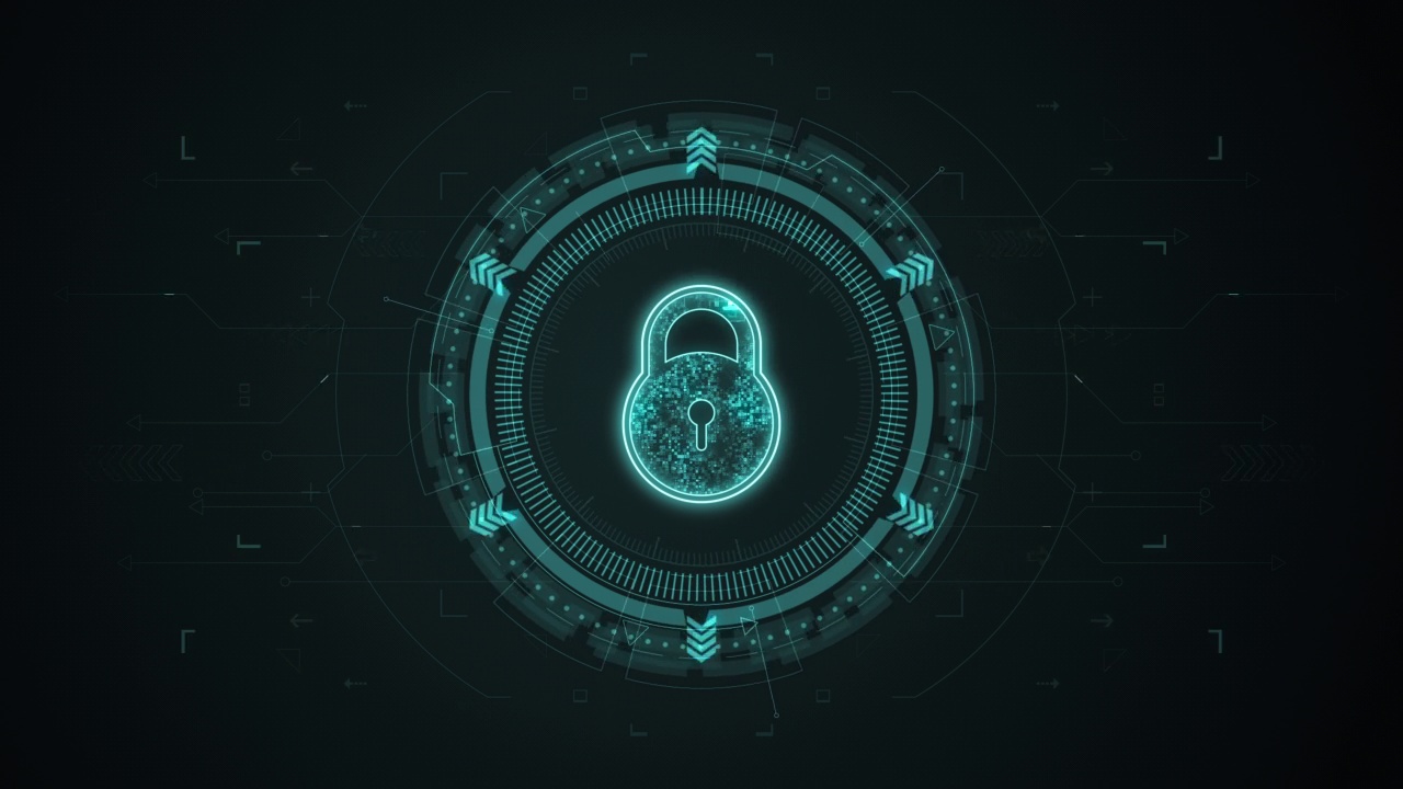 运动图形的蓝色数字安全密钥标志旋转HUD UI圆技术界面和未来元素抽象的背景网络安全概念视频素材
