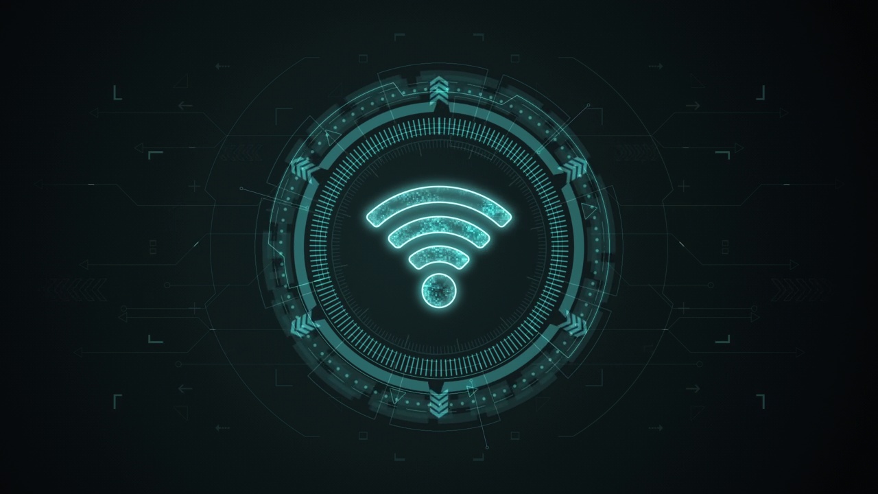 运动图形的蓝色数字WIFI标志与旋转HUD圆技术界面和未来元素抽象背景视频素材