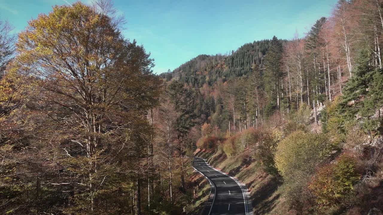 秋山林中车路。白色斑纹的现代化山地公路。空旷的柏油路穿过秋天的森林，山上有五颜六色的树。运输的概念视频素材