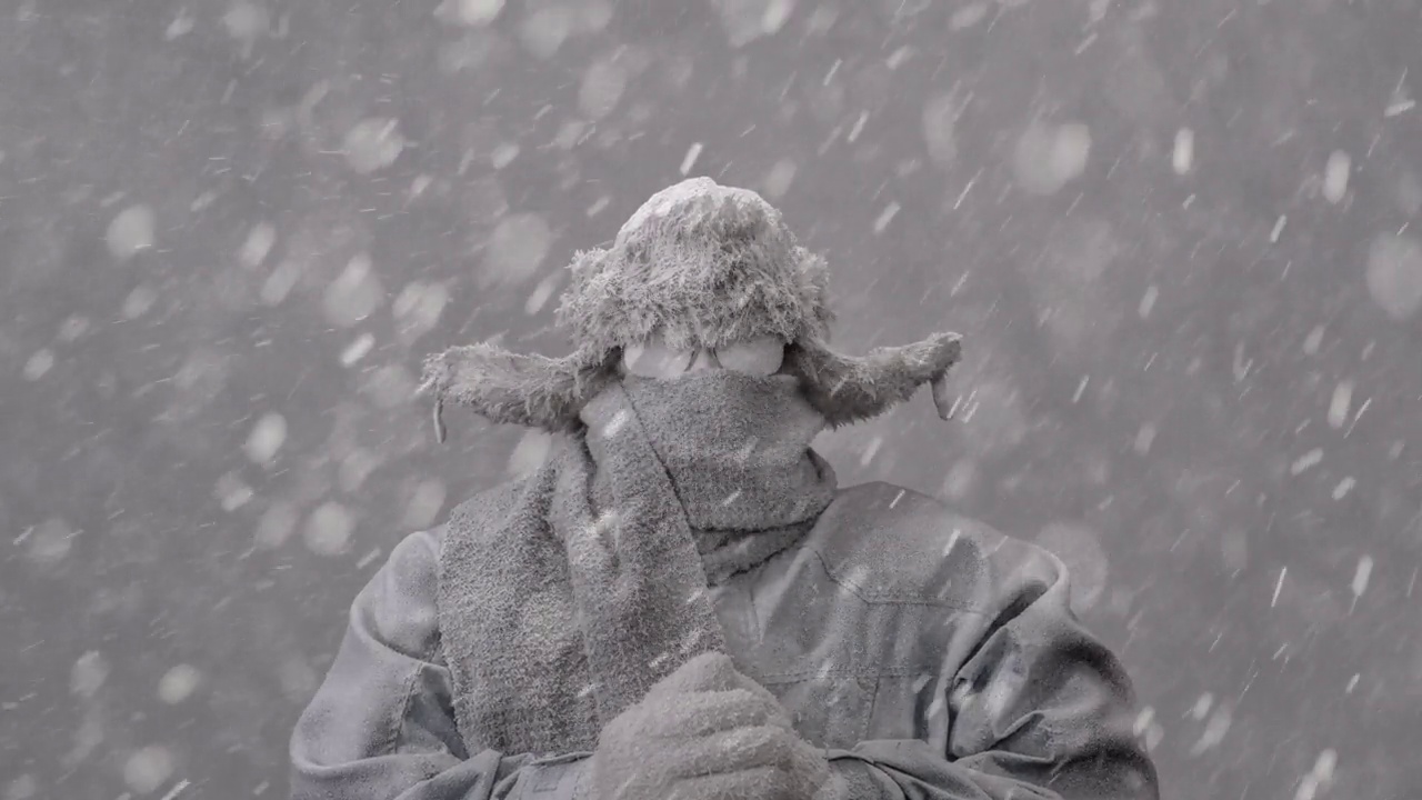 暴风雪中，穿着派克大衣，戴着猎人帽和围巾的冻人视频下载