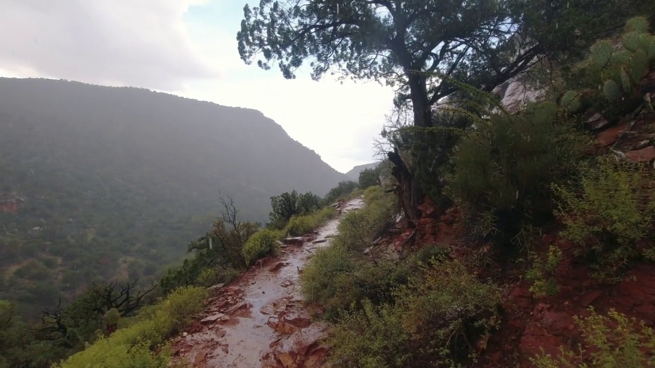 雨后沿着沙漠峡谷中潮湿多石的步道徒步旅行。视频素材