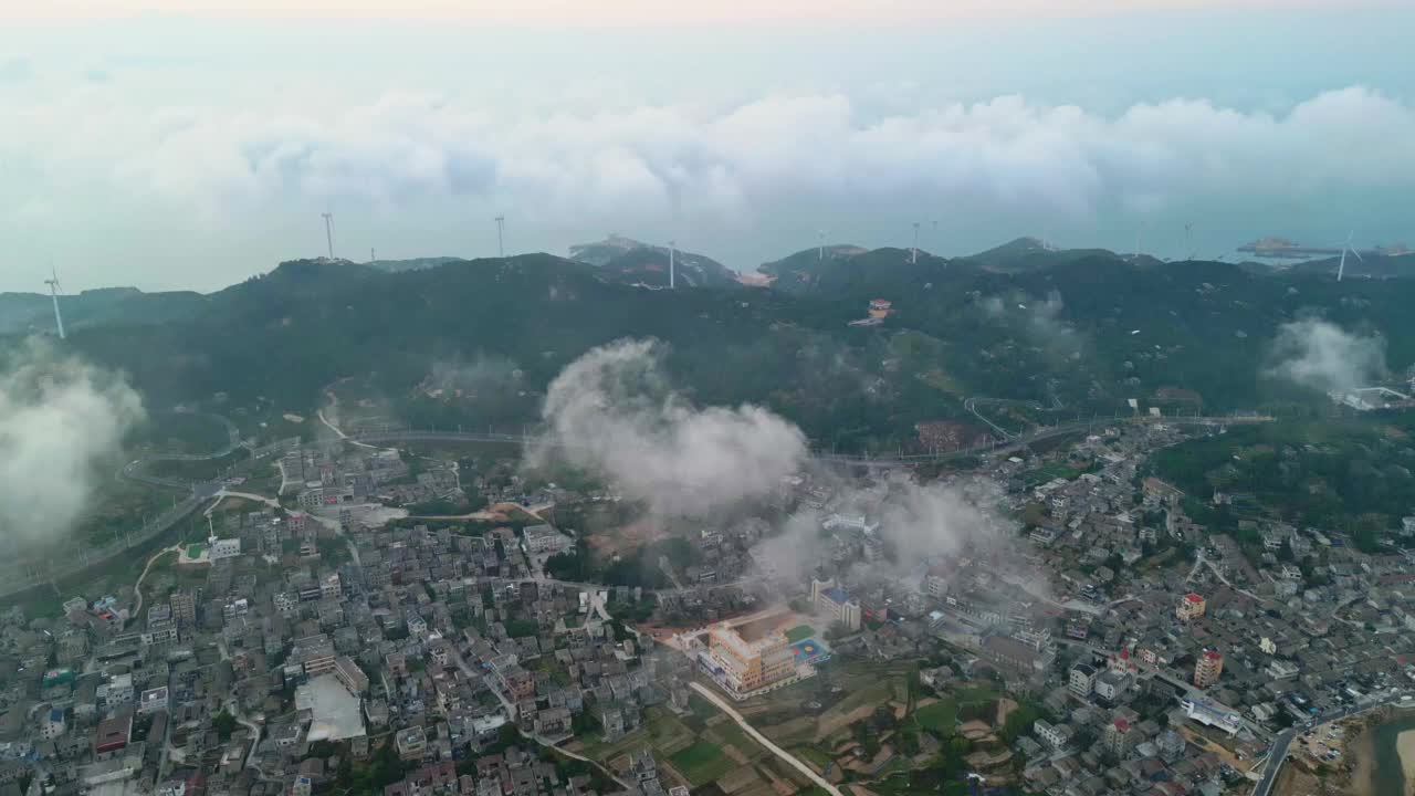 航拍日出云海风力发电视频素材