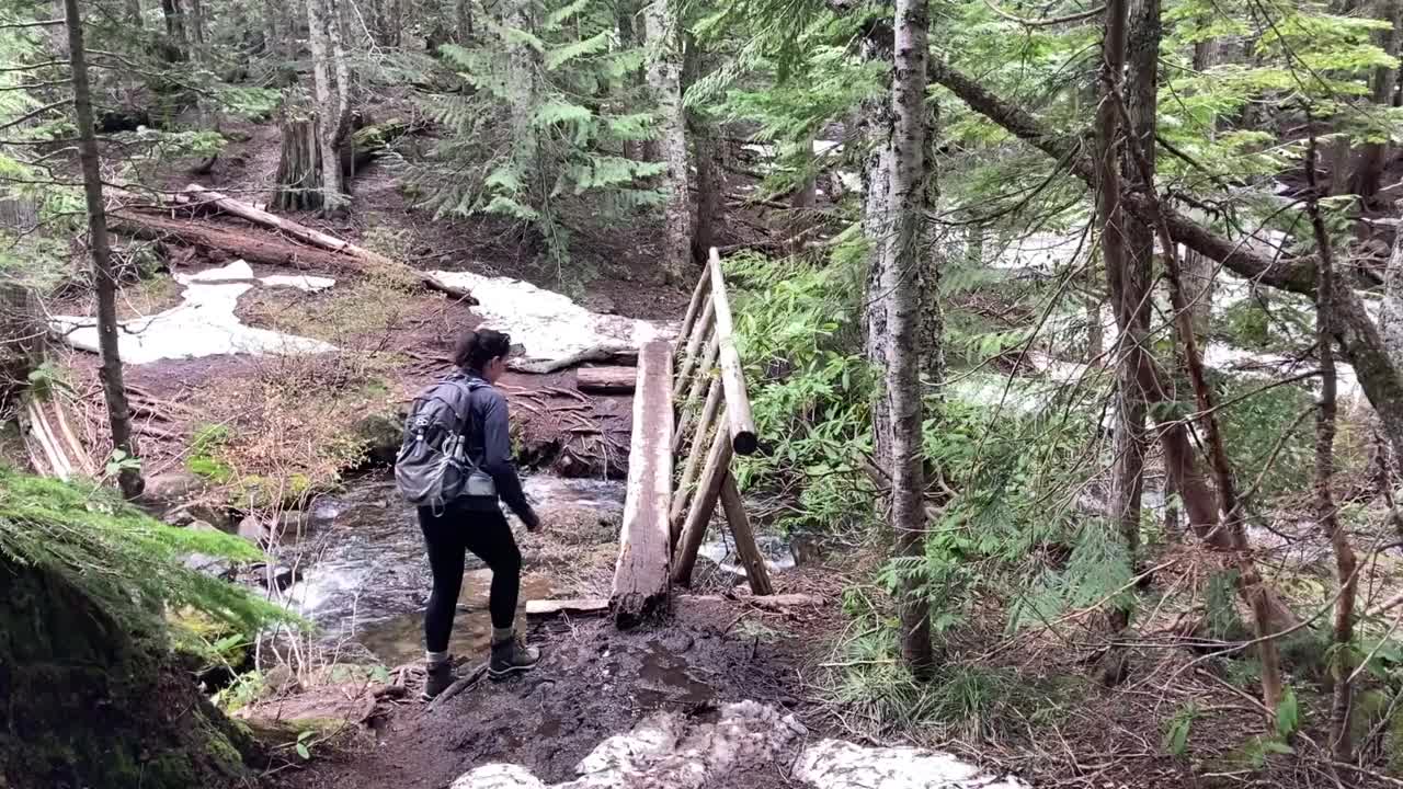 女徒步旅行者在胡德山附近的一条小溪上穿过一座木头桥。视频素材