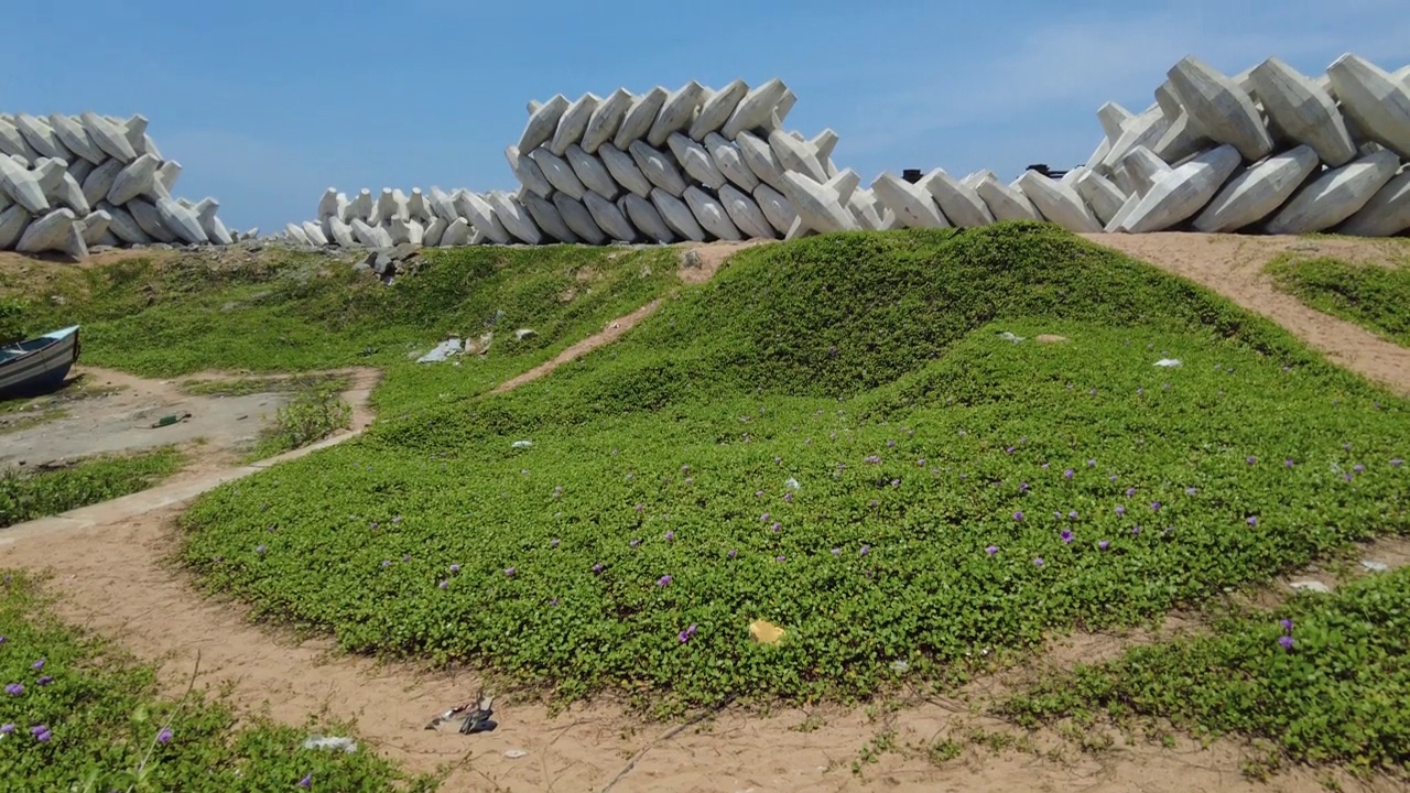 泰米尔纳德邦Kanyakumari地区的Thengapattanam港，海浪阻挡器视频素材