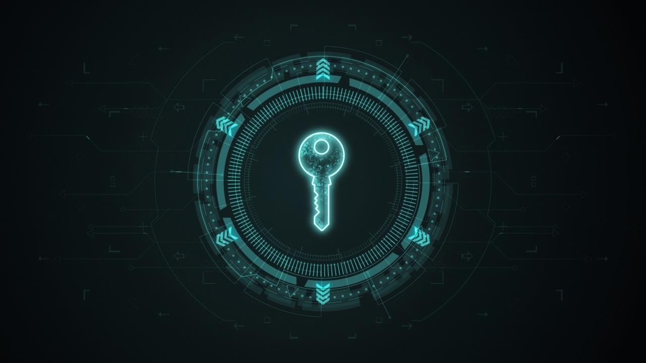 运动图形的蓝色数字安全密钥标志旋转HUD UI圆技术界面和未来元素抽象的背景网络安全概念视频素材