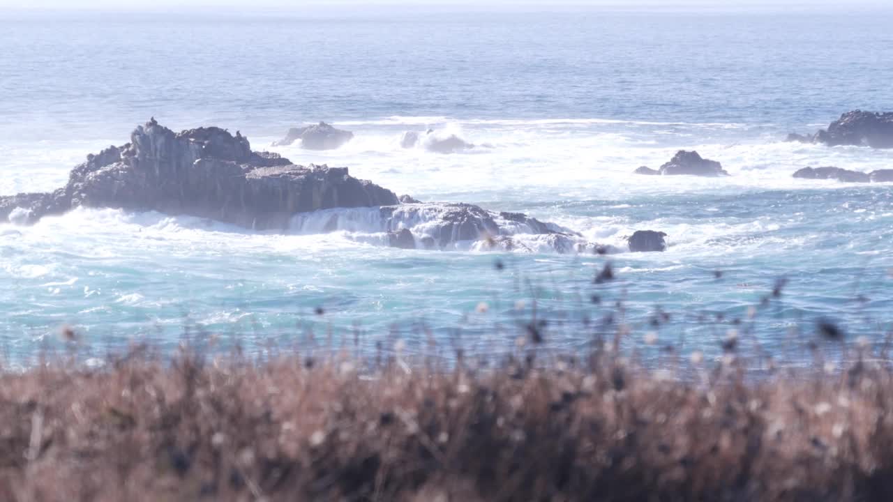 悬崖峭壁，海滩，Lobos点，加利福尼亚海岸。波崩溃。视频素材