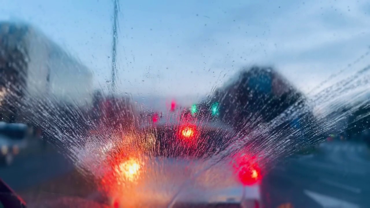 汽车挡风玻璃，雨，挡风玻璃雨刷，红绿灯视频素材