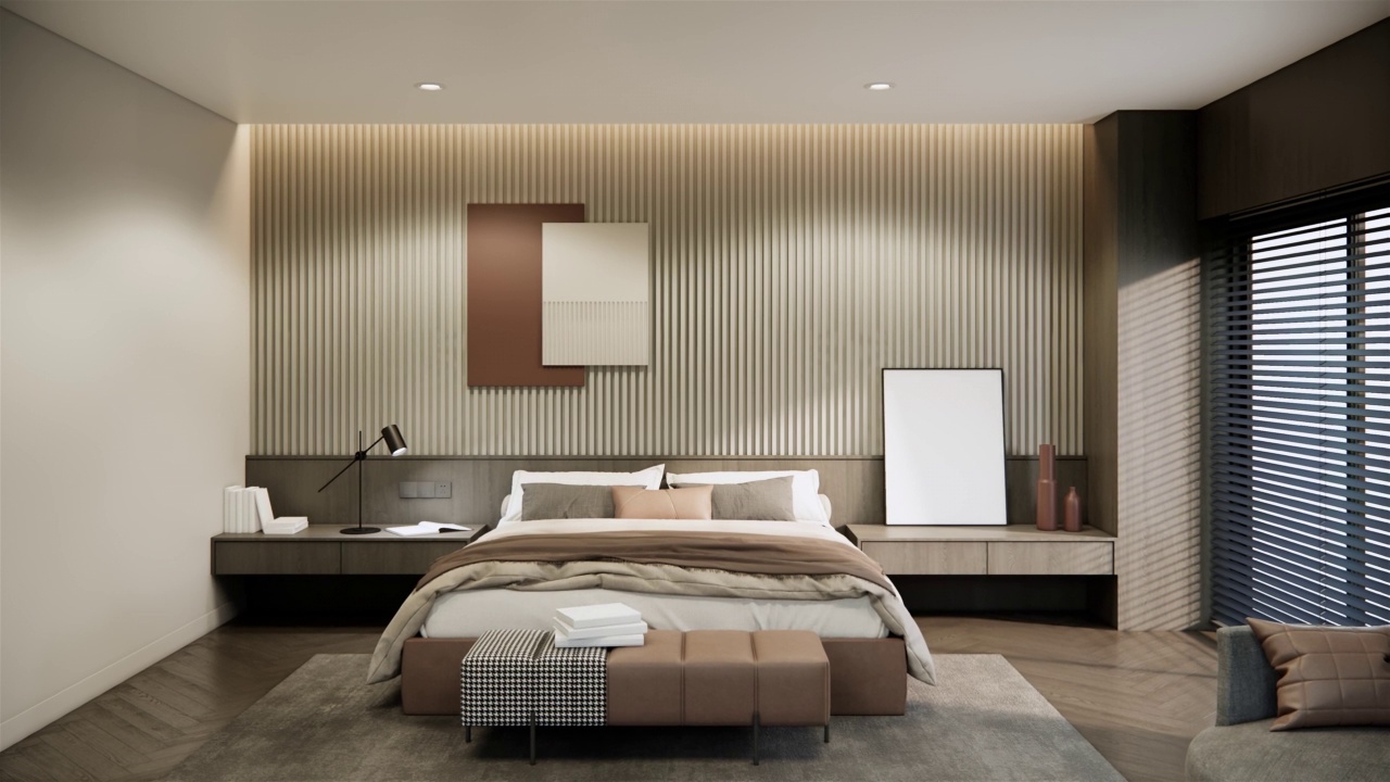 室内3d渲染动画模拟卧室设计装修酒店房间场景视频4K。视频素材