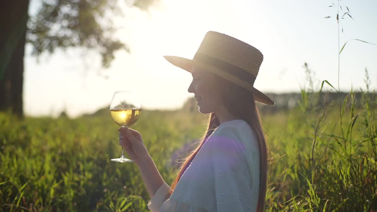 侧面的快乐的红头发年轻女子在草帽喝香槟酒从玻璃杯坐在农村的麦田。视频素材