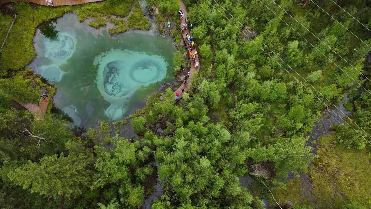 碧绿的间歇泉湖，清澈透明的湖水。空中视频素材