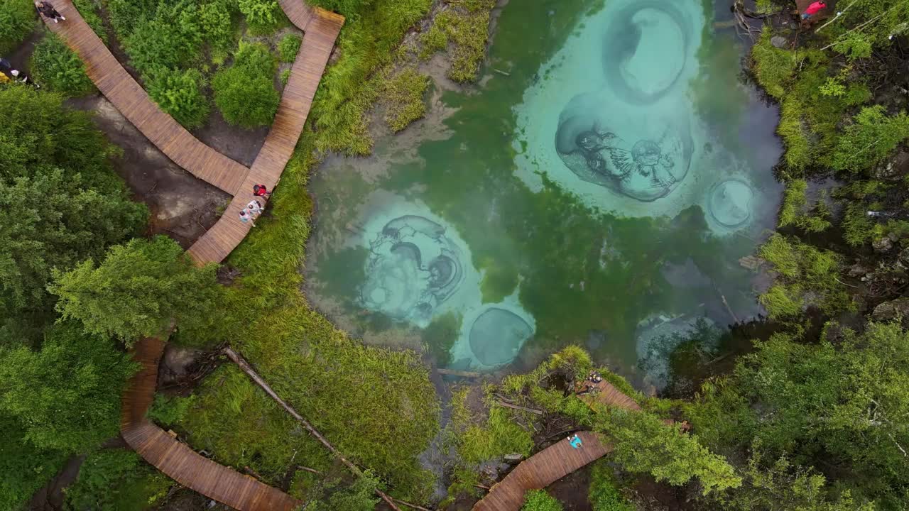 碧绿的间歇泉湖，清澈透明的湖水。空中视频素材