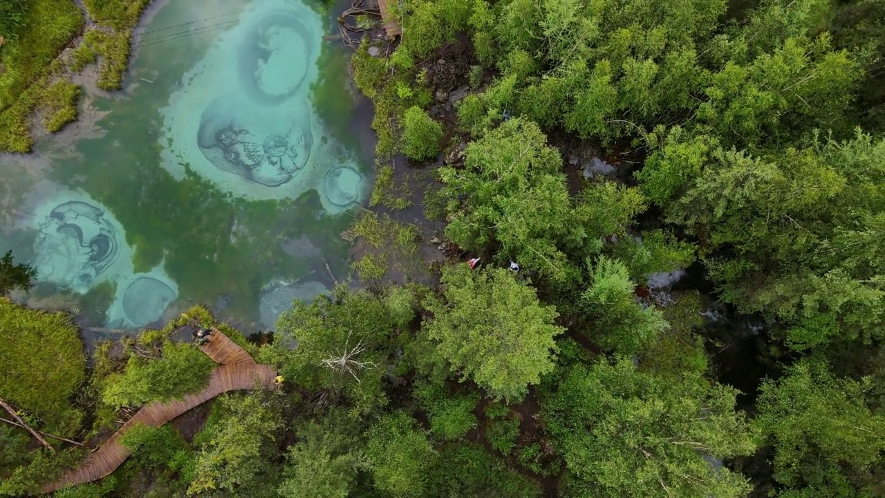 碧绿的间歇泉湖，清澈透明的湖水。空中视频素材