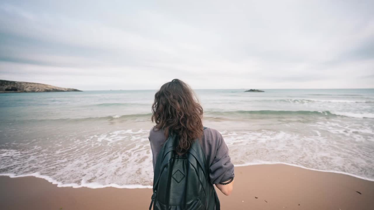 一个背着双肩包的年轻白人女子在海滩上享受着清新的微风视频素材