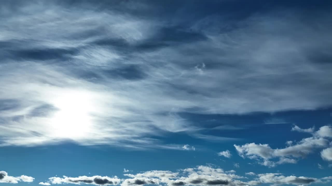 蓝天与卷云的风景航拍视频。极地地区的北方天空视频素材