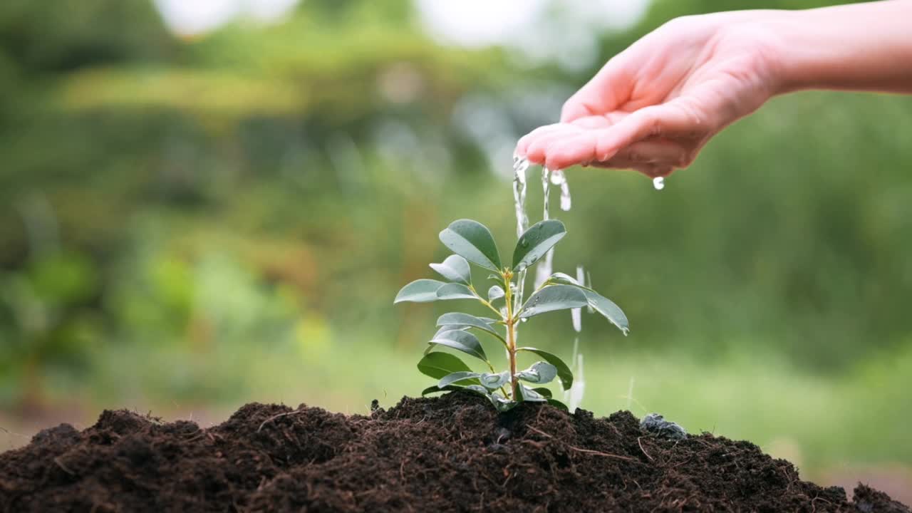 在肥沃的土壤上，近距离用水滴在植物上，生态保护理念视频素材