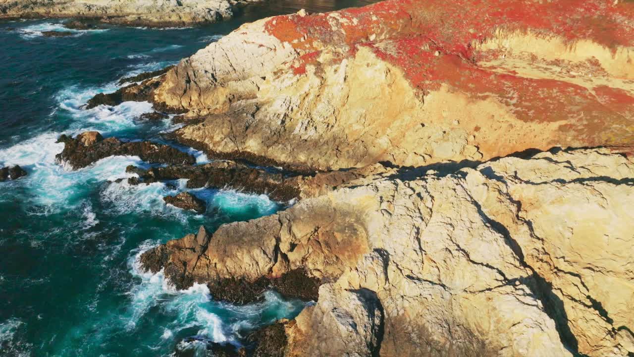 红色的地衣覆盖在太平洋海岸线崎岖的岩石上。白色的泡沫浪花拍打着加利福尼亚崎岖的海岸。视频素材