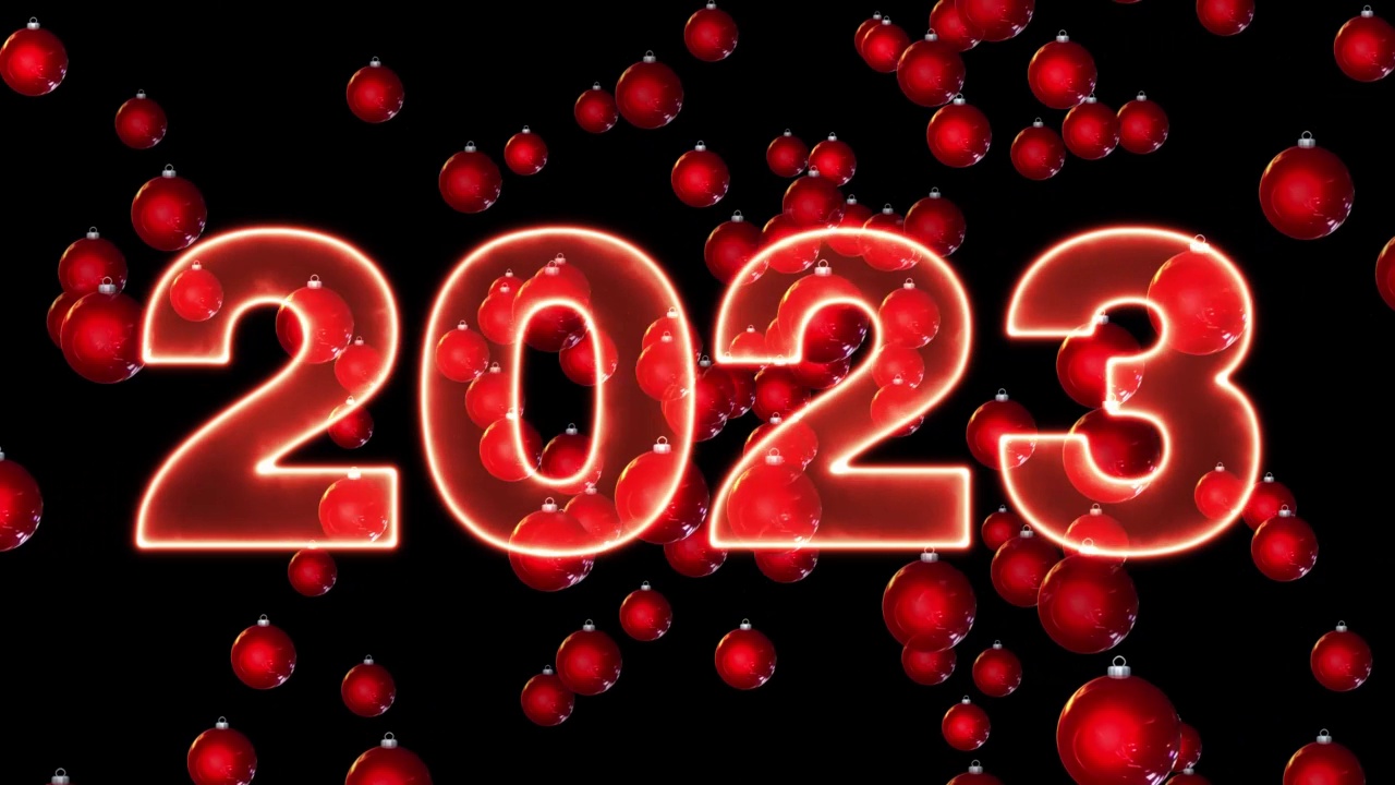 文字2023霓虹和闪光动画孤立在黑色背景上，2023新年，设计模板新年快乐概念假期动画卡视频下载