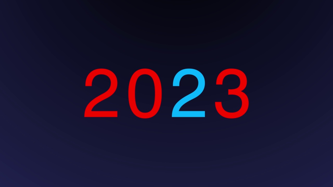 文字2023霓虹和闪光动画孤立在黑色背景上，2023新年，设计模板新年快乐概念假期动画卡视频下载