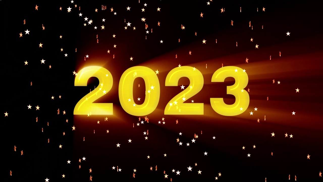 文字2023球和火花动画孤立在黑色背景，2023新年，设计模板新年快乐概念假期动画卡视频素材