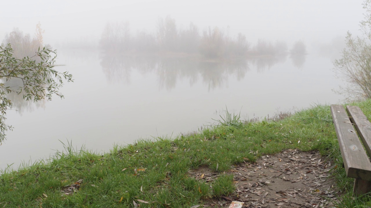 在一个雾蒙蒙的秋日，前景是一个空木凳的湖岸景色视频素材