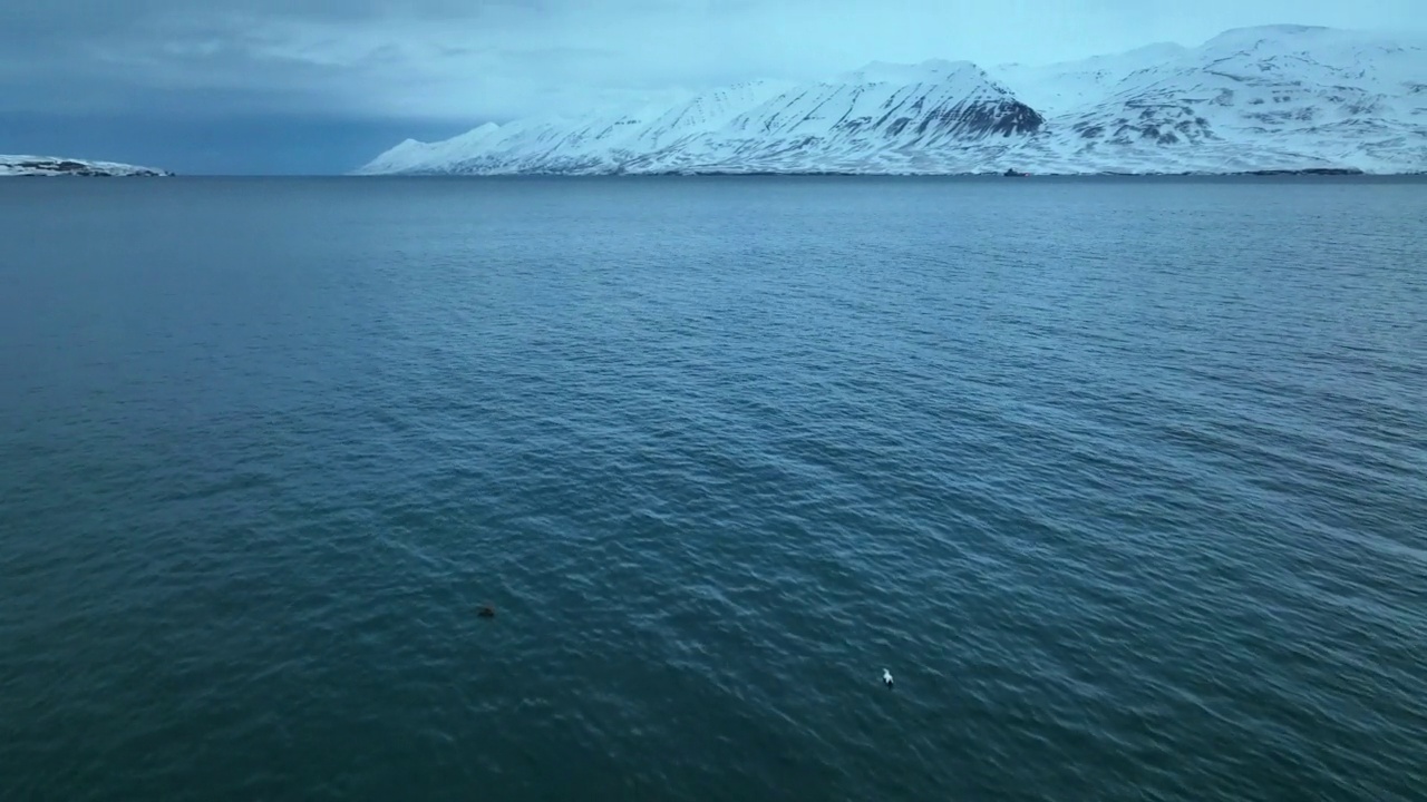 空中倾斜的美丽景色，积雪的岩层，无人机在云层下的海浪上向前飞行-冰岛的瓦特纳冰盖国家公园视频素材