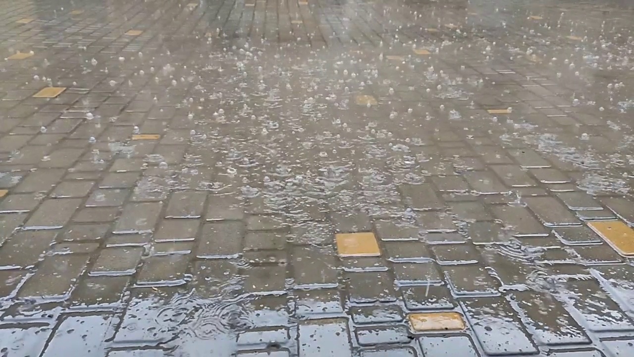 淅淅沥沥的细雨落在人行道上视频下载