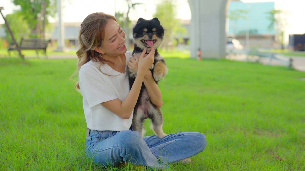 快乐的年轻亚洲妇女和她的狗在公园的草地上玩和坐。宠物爱好者概念视频素材