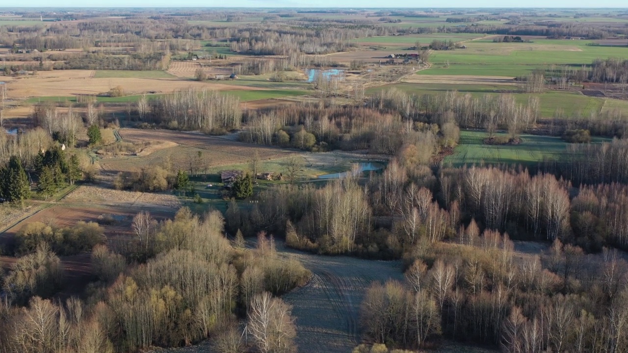 Early spring in nature park – landscape with groves and fields, aerial视频素材