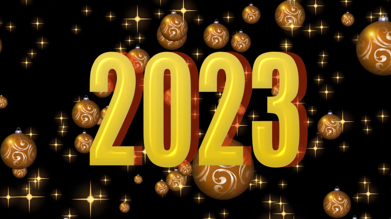 文字2023动画和火花隔离在黑色背景上，2023新年，设计模板快乐2023新年概念假期动画卡视频下载