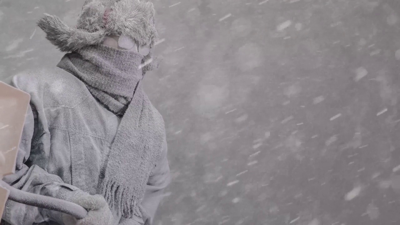 冰冻的人穿着派克大衣，戴着猎人的帽子和围巾，在暴风雪中拿着雪铲视频素材