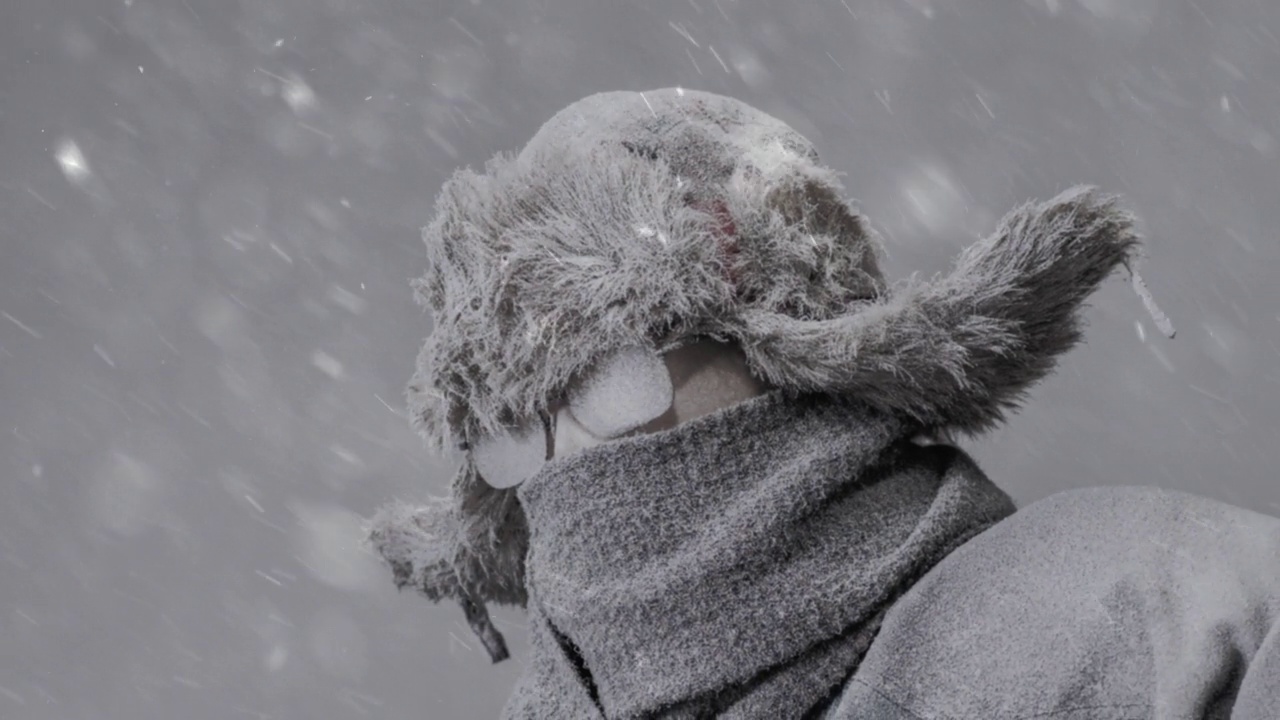 冰冻的人穿着派克大衣，戴着猎人的帽子和围巾，在暴风雪中拿着雪铲视频下载