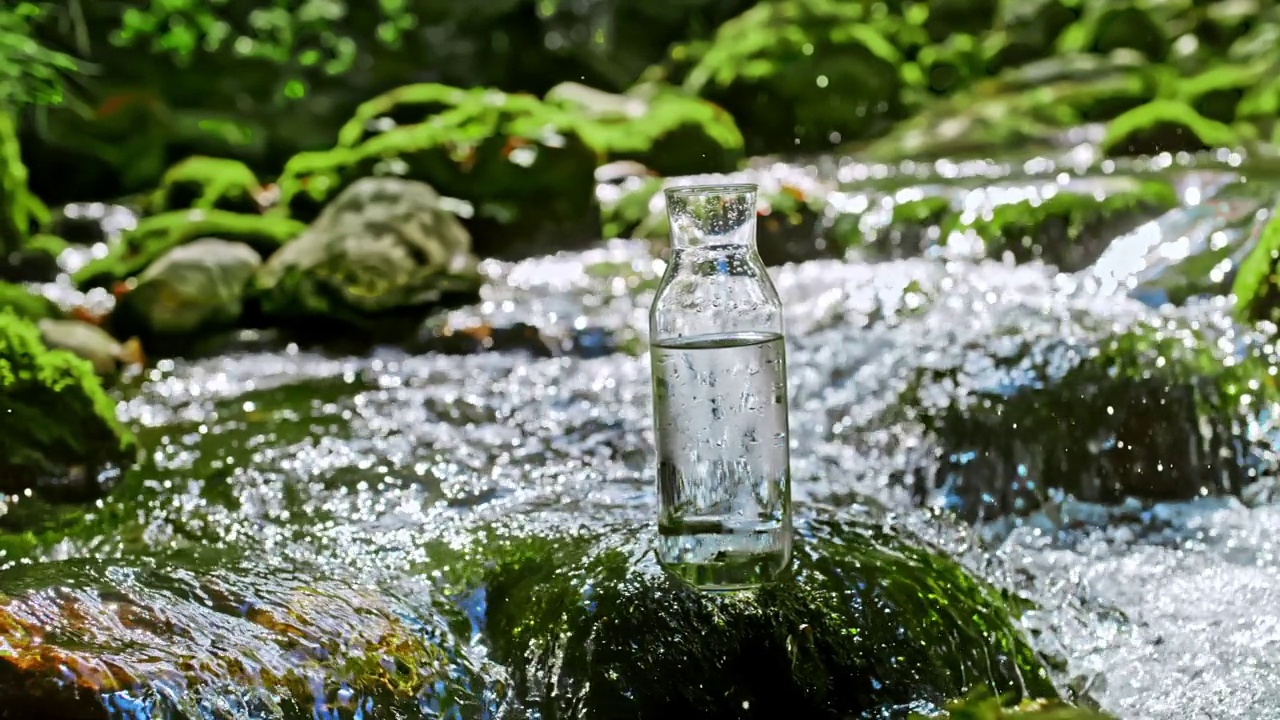 时间扭曲壶充满纯矿泉水在岩石上的一个湍急的小溪视频素材