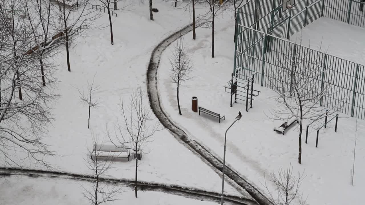 一个带着狗的男人和一个背着袋子的女人走在一条清理过积雪的路上。工人用吹雪机在城市院子里除雪视频素材