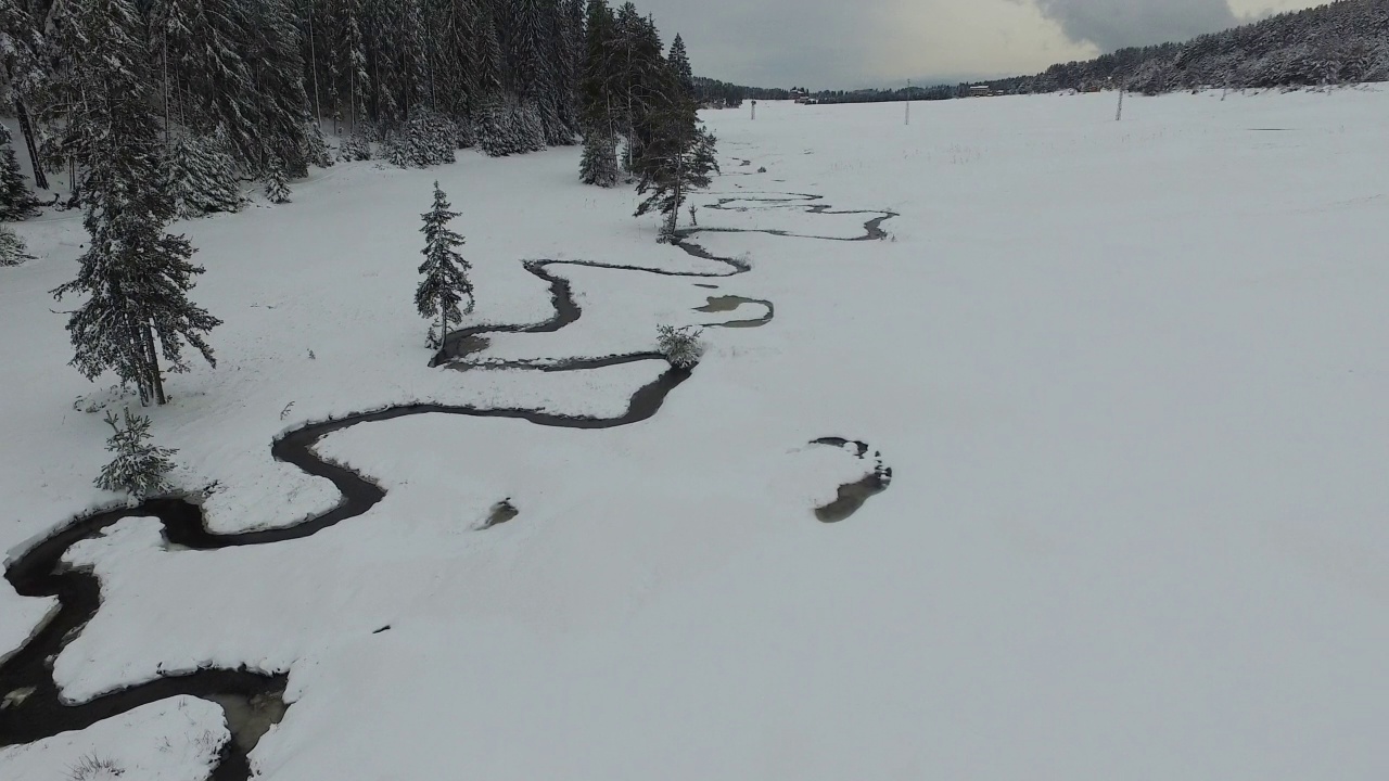 雪中飞越森林溪流视频素材