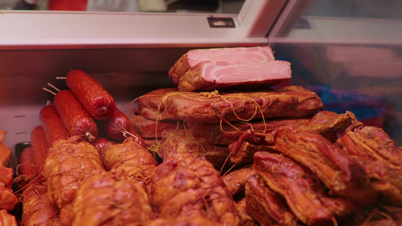 肉铺柜台上的新鲜熏香肠和火腿。视频素材