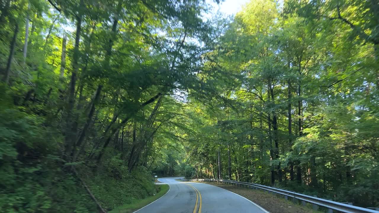 在一个阳光明媚的下午，沿着北卡罗来纳州蓝岭山脉树木环绕的高速公路行驶的汽车视角镜头视频素材