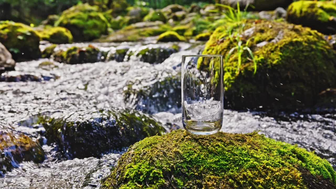 在长满青苔的岩石上，空酒杯顶着湍急的小溪视频素材