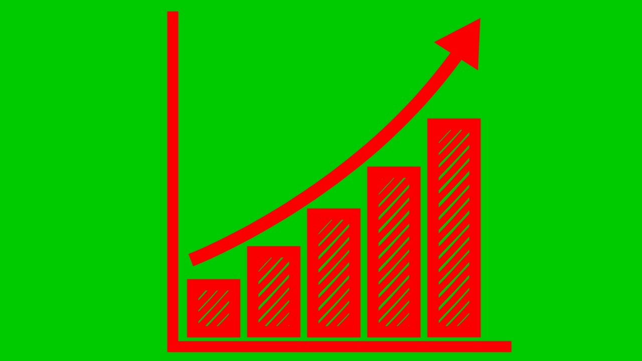 动画财务增长图表与趋势线图。红色符号经济增长柱状图。毛圈的视频。矢量插图孤立在绿色背景。视频素材