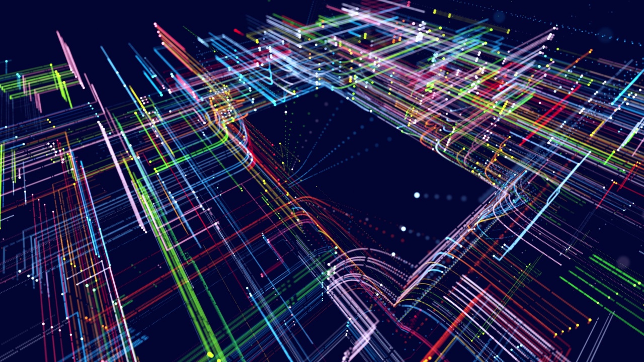 彩色线条与复制空间、ai构造光网格、信息概念线和节点构成全息图信息块。大数据领域。高科技信息技术。Vj环路抽象科学纤维视频素材