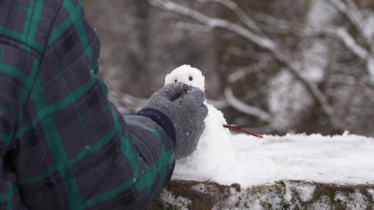 城市里某个地方的雪人是用小树枝做成的视频素材