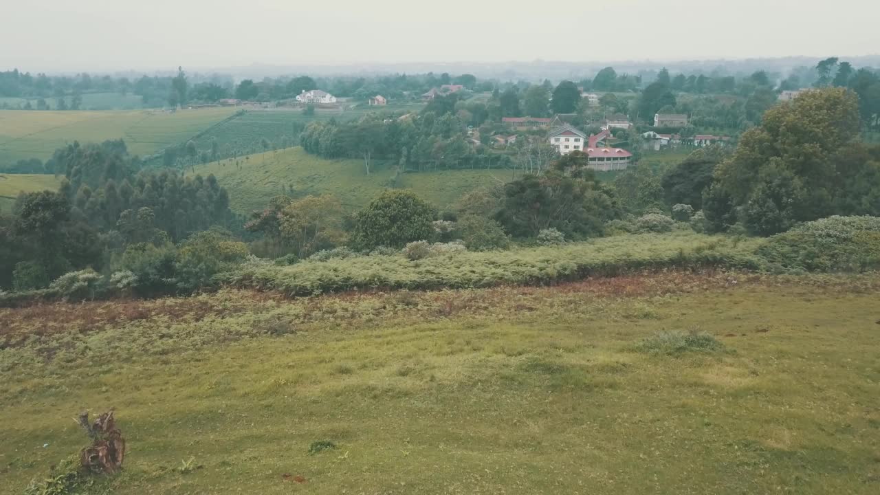 雾天的空中拍摄的绿色景观视频素材