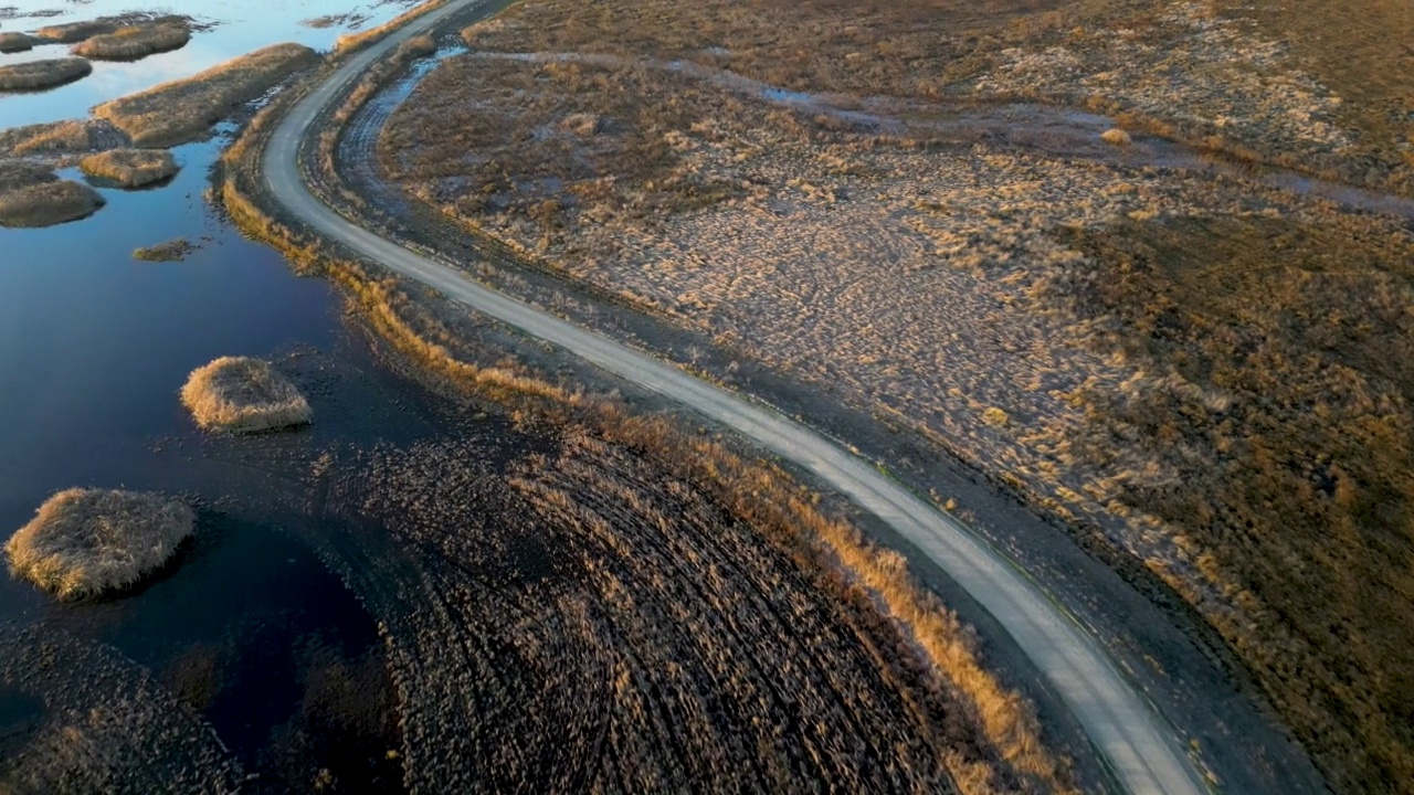 从上方穿过北加州野生动物保护区湿地的道路视频素材