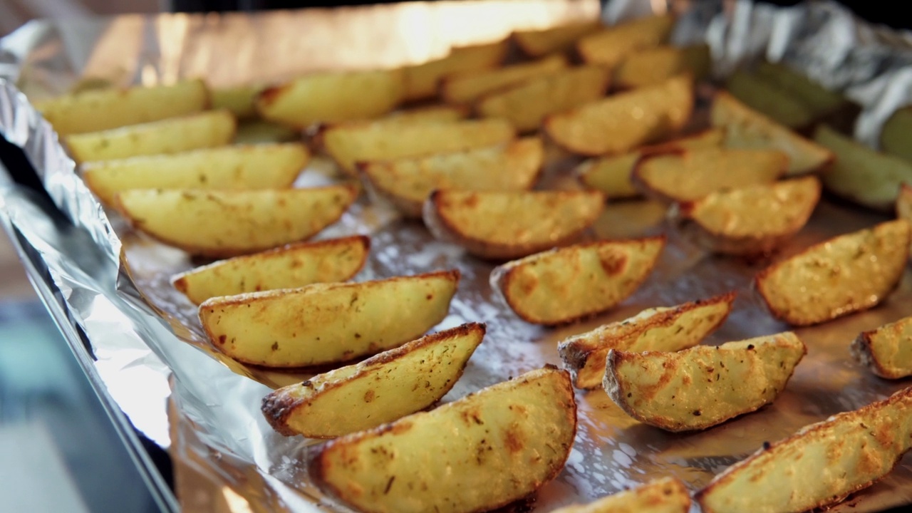 五香烤土豆角，烤箱里的乡村土豆特写。视频素材