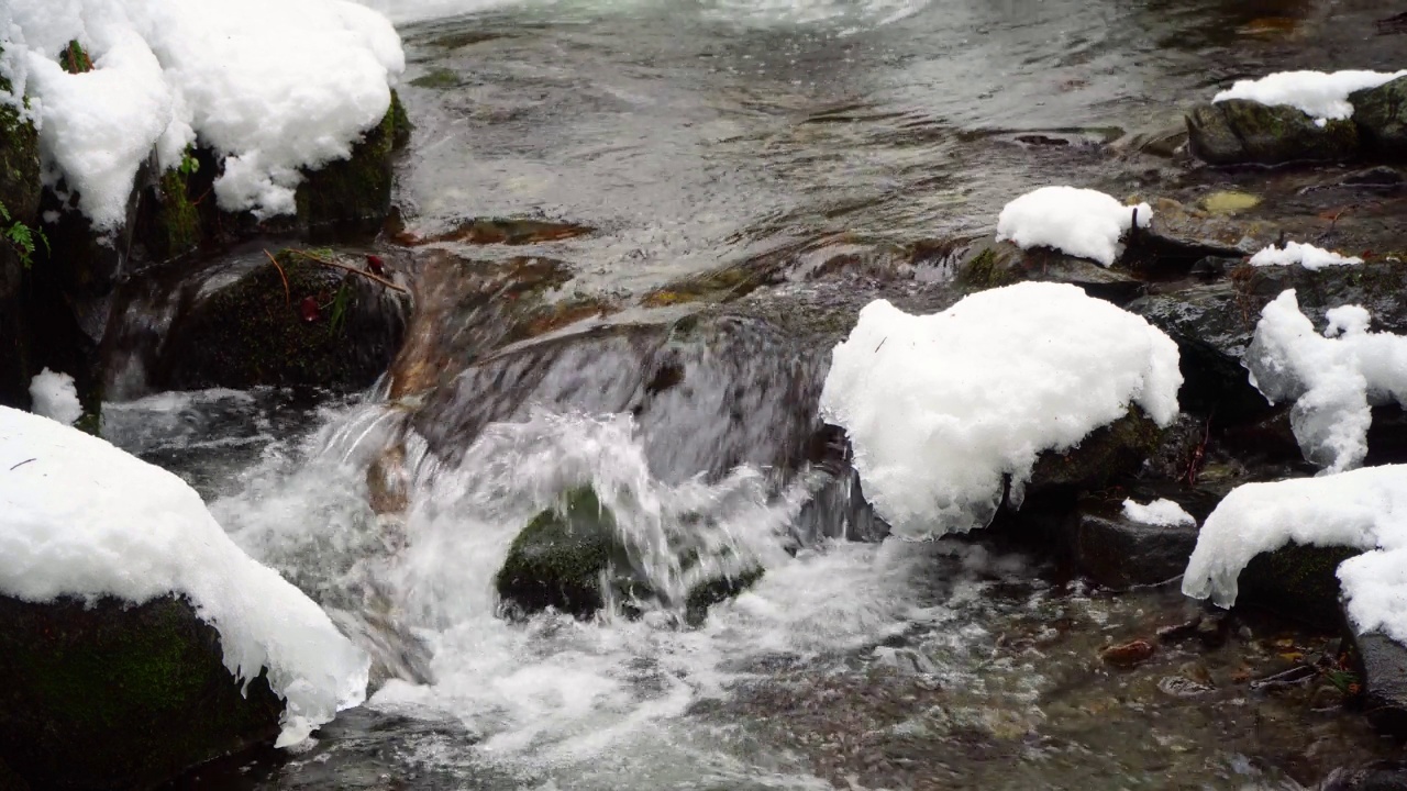 冬天的山涧，石头上覆盖着青苔和雪。石头上流淌的河流。水穿过各种石头。美丽的小溪与山水。视频素材